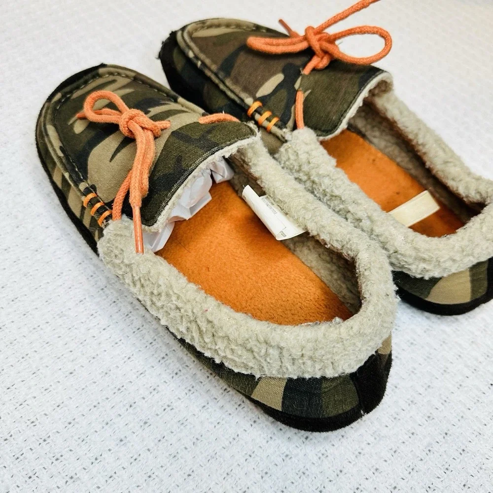 Kids Camo‎ Slippers Moccasin Green Faux Fur Slippers Youth Soft Cozy Size 4/5